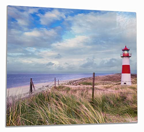 Wallario Herdabdeckplatte/Spritzschutz aus Glas, 1-teilig, 60x52cm mit 8mm hohen Füßen, für Ceran- und Induktionsherde, Leuchtturm am Strand von Sylt