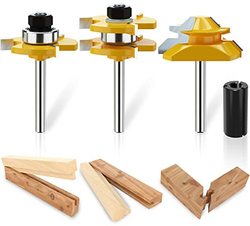 1/4 Shank Tongue and Groove Router Bits Set, 3/4 Stock 1/2 Cutting Depth, 3 Teeth T Shape Wood Milling Cutter Woodworking Tool, 45 Degree Lock Miter Router Bits 3/4 Stock Joint Router Bit