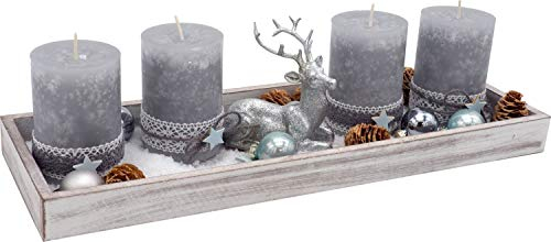 ZauberDeko Adventsgesteck Weihnachtsgesteck Tablett Hirsch Kerze Grau Stern Lichterkette Deko 40cm