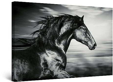 Startonight Bilder Schwarzes Pferd Läuft - Leinwandbilder Moderne Kunst - Tiere Wanddeko Kunstdrucke, Wandbilder XXL Wohnzimmer Groß Wand Bild 80 x 120 cm, Tag Nacht Effekt, Elegante Geschenkidee