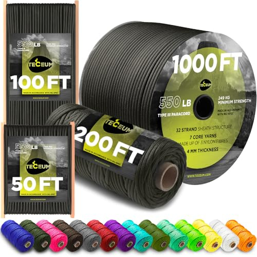 TECEUM Paracord Rope Type III 550 – Tactical MIL-SPEC – Outdoor Para Cord | Gun Grey, 305m, Clothesline, Camping Fishing Gear and Equipment, DIY, Parachute Cord 4mm, Strong Survival Utility Rope
