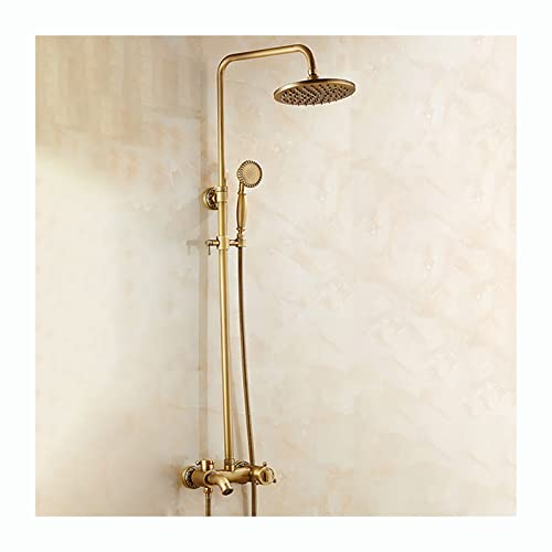 SHUGUANG Thermostat Duschsystem mit 8 Zoll Duschkopf, Antike Duschset Duscharmatur Messing Duschsäule Wandmontage Regendusche Set, Duschset Regendusche mit Handbrause, Badewanneneinlauf