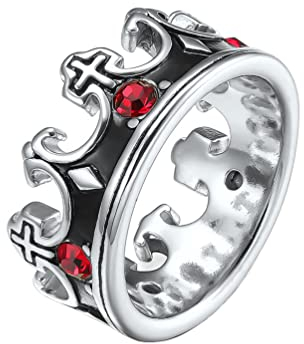 HIJONES Herren Edelstahl König Kronen Ring mit Roten Edelsteinen Gothic Vintage Ritter Statement Kreuz Ringe Silber Größe 54