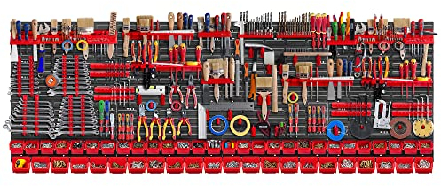 KADAX Werkzeugwandregal Groß, 232x78cm Lagersystem aus robustem Kunststoff, UV-Resistentes Modul-System, Erweiterbare Wandplatten, Werkstattregal für Garage (Rot, 140 tlg.)