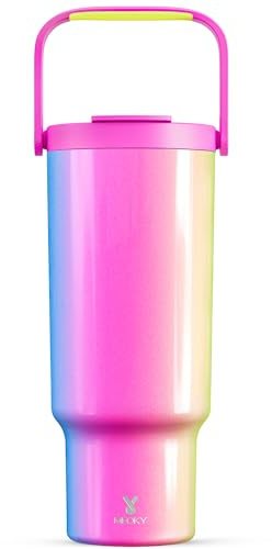 Meoky 40 oz Tumbler with Handle and Straw, Insulated Water Bottle, Stainless Steel Travel Mug, Keeps Cold for 34 Hours, 100% Leak Proof, Fits in Car Cup Holder (Carnival)