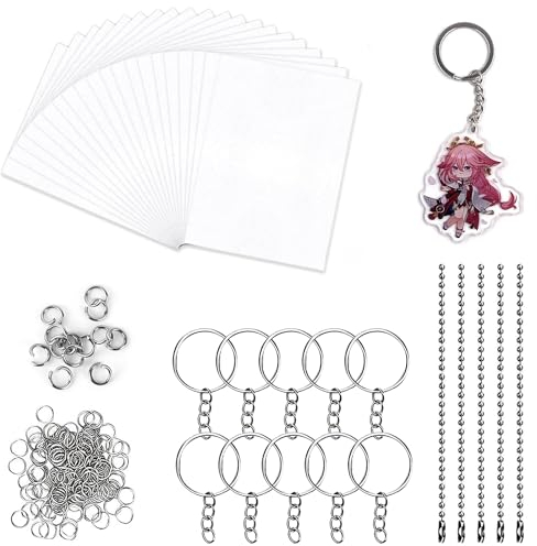 Delsen 145 Stück Schrumpffolie Set,20 Stück Schrumpffolie Zum Basteln, Schrumpffolien Set mit Offener Schlaufe, Schlüsselring, Perlenkette und Ohrhaken Shrink Plastic für DIY-Basteleien