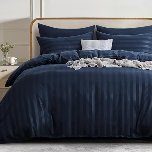 RUIKASI Double Duvet Cover Set - Hotel Quality Satin Stripes Duvet Cover with 2 Pillowcases, Navy Blue Double Bedding Bed Set with Zip Fastening, Ultra Soft Quilt Bed Cover