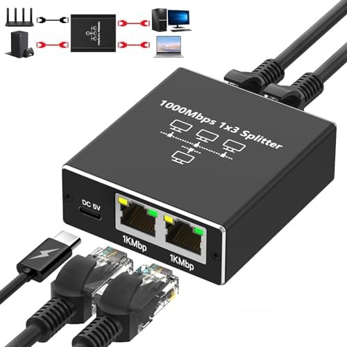 Switch Ethernet 3 Porte 1000Mbps di Rete LAN RJ45 1 a 3 Sdoppiatore Con Cavo di Alimentazione Tipo C - Splitter per Computer, HUB, Set-Top Box, TV e Altro