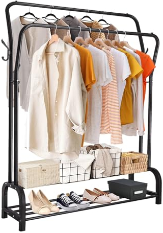 Shoze Kleiderstange, Doppelruten Kleiderständer Metall Trockenständer Stabil Freistehender Kleiderbügel mit Doppelt Schuhregal Klamotten Ständer Garderobenständer für Schlafzimmer(Schwarz)