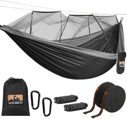 Hamaca Camping con Mosquitero, Hammock de Viaje Doble Portátil 300 x 200 cm Súper Ligero Material, 300kg Capacidad de Carga Paracaídas de Nailon Transpirable, Hamaca Colgante Secado Rápido, NegroGris