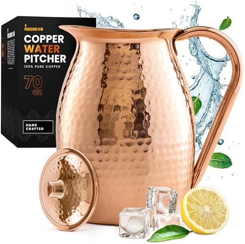 Moscow-Mix Krug aus reinem Kupfer, 100 % Kupfer, für Trinkwasser, robuster, handgefertigter Wasserkrug mit Deckel, gehämmerte Oberfläche, 2-Liter-Karaffe, Wassergefäß, Ayurveda