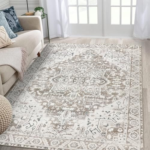 Famibay Teppich Wohnzimmer Beige Braun Waschbar 160X230 Teppich Schlafzimmer Kurzflor Wohnzimmerteppich Weich Vintage rutschfest für Wohnzimmer Schlafzimmer Esszimmer