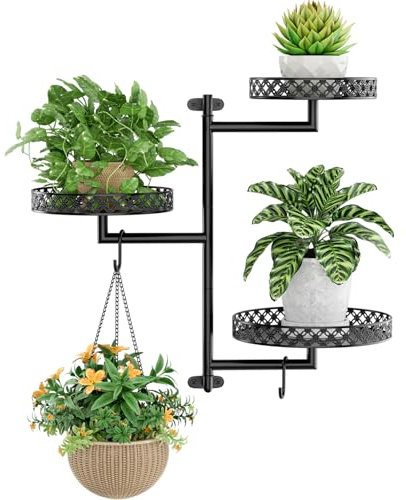 OVICAR Étagère murale rotative pour plantes – Support mural d'intérieur à 3 niveaux en métal pour plusieurs plantes avec crochets de suspension, décoration d'intérieur, noir