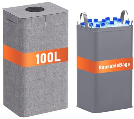 MOFELON Pfandflaschen Sammelbehälter mit Deckel,105L Pfandflaschen Behälter inkl. XXL Tragetasche, Pfandbehälter, Recycling Behälter, Flaschensammler Leergut Sammelbehälter für Küche- Grau