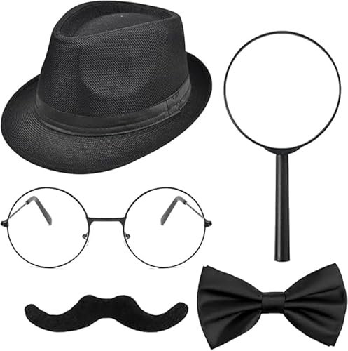 Dazzroi 5 Pcs Black Detective Costume Accessories Set, Detective Fancy Dress Kit with Hat Fake Mustache Bow Tie Black Frame Glasses Magnifier for Kids Adults Halloween Cosplay Carnival Party Outfits