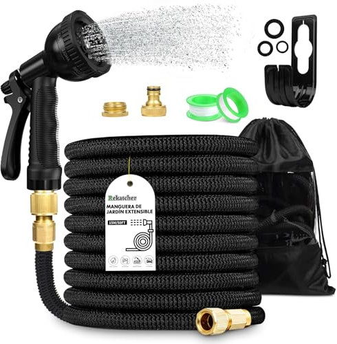 Flexibler Gartenschlauch, Latexkern, Gartenschlauch Flexibel Ausdehnbar, Wasserschlauch Wird mit 10 Funktionsdüsen und 1/2' 3/4' Zoll Messinganschlüssen Geliefert 15M/50FT schwarz