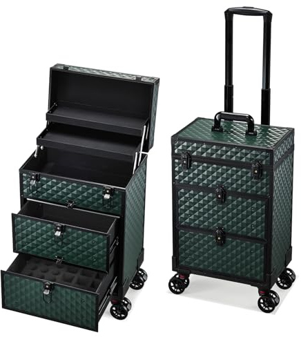 Kosmetikkoffer Kosmetik Trolley mit 2 Schubladen Friseurkoffer Groß Nageldesign Koffer Werkzugkoffer Ngaelkoffer Make up Koffer mit Rollen Schminkkoffer Abschließbarer,Dunkelgrün