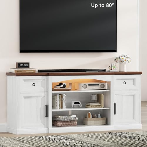 JanflyHome Farmhouse TV Stand for Living Room, 70 Modern TV Stand with Outlet and LED Lights, 2 Drawers, Entertainment Center with Adjustable Shelves for Fireplace(36 Wx15 H), Antique White