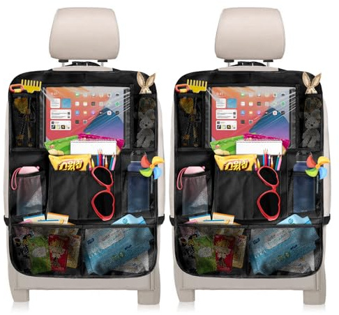 Vyranut 2 Pack Car Seat Organiser, Back Seat Car Organiser with Clear Tablet Holder, Kick Mat Back Seat Protector with 8 Storage Pockets for Toys, Bottles, Books & Travel Essentials