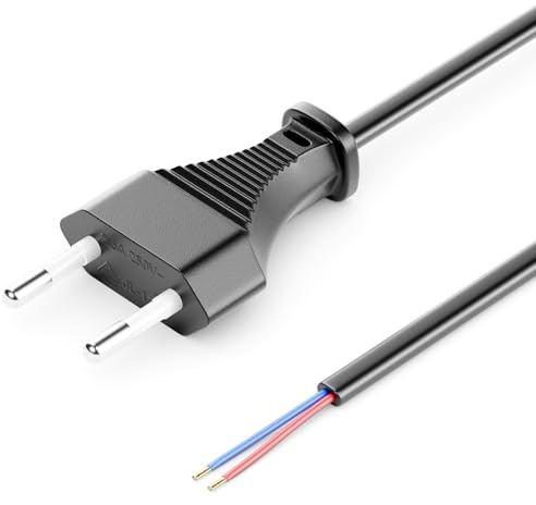 deleyCON 2m Euro-Netzkabel offenes Kabelende Typ C - Schwarz | Stromkabel, Ersatzkabel, Anschlusskabel, Zuleitung mit flachem Euro Stecker, für Leuchten, Lampen und Leuchtmittel