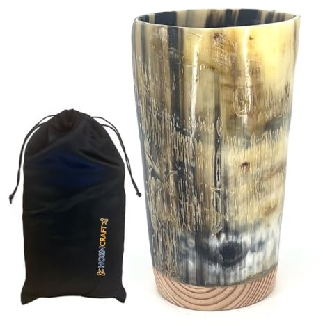 Trinkhorn mit rauem/poliertem Finish, Holzboden, Tasse aus Horn