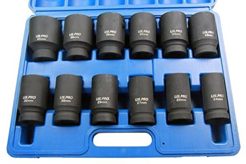 US PRO B1360 12 llaves de impacto profundo DR 6PT métricas 24-41 mm 1360, azul