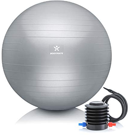 BODYMATE Gymnastikball Sitzball Trainingsball mit GRATIS E-Book inkl. Luft-Pumpe, Ball für Fitness, Yoga, Gymnastik, Core Training, für starken Rücken als Büro-Stuhl Silber 65cm