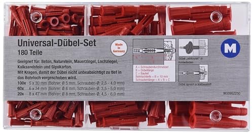 Metafranc Universaldübel-Sortiment 180-teilig - Ø 5 / 6 / 8 mm Dübel - Made in Germany - Für Befestigungen in Voll- & Hohlbaustoffen / Allzweckdübel / Spreizdübel / Dreiflügel / 952250