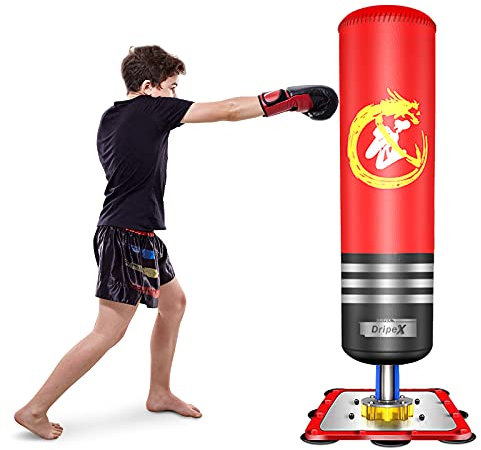 Dripex Punching-Ball Enfant 120 cm Sac de Frappe Boxe sur Pied avec 12 Ventouses pour Karaté Taekwondo MMA - Rouge