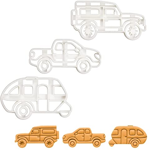 BAKERLOGY Set of 3 Camping Vehicles Cookie Cutters (Designs: Caravan, Pickup Truck, SUV) - Detailed Biscuit Cutter Design for Baking and Crafts, Ideal on Fondant, Dough, Clay