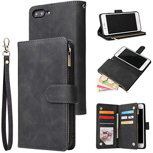 QLTYPRI Case for iPhone 7/8/SE 2020/SE 2022 5G, Large Capacity Leather Wallet Case 6 Card Holder & 1 Zipper Pocket Kickstand Wrist Strap Magnetic Case for iPhone SE 2022/SE 2020/8/7 - Black