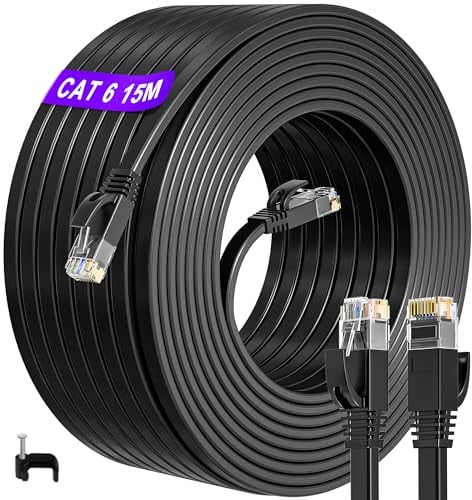ikbc Cable Ethernet 15m, Cat 6 Cable RJ45 15m Plat Noir, Câble Réseau 15 Mètres Haute Vitesse, Âme en Cuivre Pur, Patch Câble Internet pour Routeur Switch PC (15 Clips)
