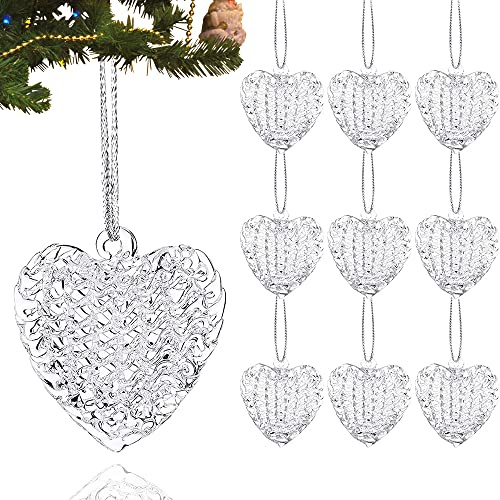 24 Pieces Heart Shape Christmas Glass Ornaments Set, Clear Crystal Heart Shape Spun Hanging Ornament Xmas Gift for Christmas Tree Valentine's Day Holiday Wedding Anniversary Decoration (White)