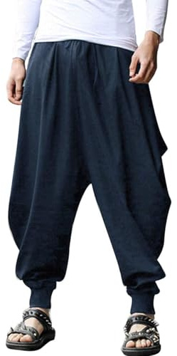 AITFINEISM Men's Drawstring Casual Hippie Harem Pants Loose Drop Crotch Trousers (M,Navy)