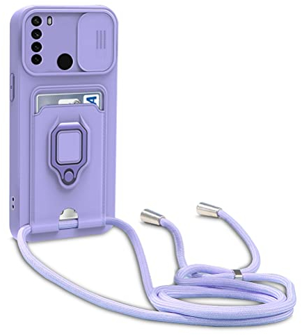 yanasuo Protección de Cámara Funda Compatible con Xiaomi Redmi Note 8, con Anillo Soporte, Ajustable Collar Correa de Cuello Cordón Carcasa de Silicona-Púrpura