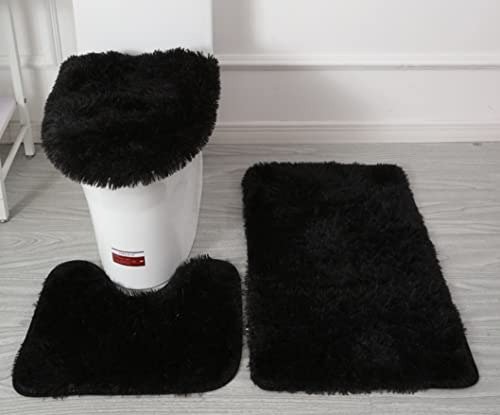 SCVBLJS Soft Microfiber Bathroom Rugs Sets 3 Piece, Non-Slip Bathroom Rugs with PVC Point Flannel Backing, Bath Mat + Pedestal Mat + Toilet Seat Cover, Solid Black