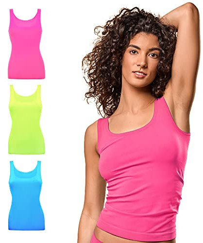 FOCENZA Canotta Donna Spalla Larga in Morbida Microfibra, Intimo Senza Cuciture, Multipack da 3 Pezzi in Vari Colori, Made in Italy (Turchese-GF-Bubble Fluo, S-M)