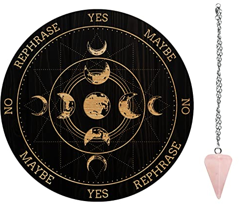 AHANDMAKER 7.8 Hexen-Pendelbrett, Wünschelruten-Planchette Aus Holz Mit Rosenquarz-Kristall-Wünschenpendeln Hexerei-Wahrsagung-Werkzeuge Für Geister-Altar-Dekoration – Mondphasen-Track