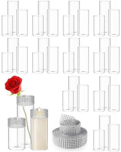 Zylindervase aus Glas, transparent, mehrere Größen, Glas, Blumenvase, Tafelaufsätze mit 6 Reihen 4.5 m Diamantband, Strassband für Zuhause, Veranstaltung, Party, Wanddekoration (Silber, 36 Stück)
