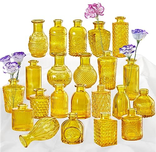 KAMJUNTAR Lot de 22 vases rustiques jaunes en verre pour centres de table, excellent emballage robuste, large gamme d'utilisations
