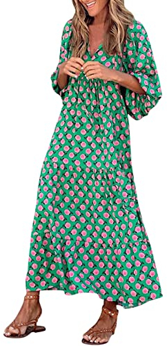 Strandkleid Damen Lang - Boho Kleid Damen V Ausschnitt -Strandkleid Damen Kurzarm Maxikleid Blumen Karierte Druck Lockeres A Linien Swing Langes Kleider Strand Urlaub Sommerkleider Sommerkleider
