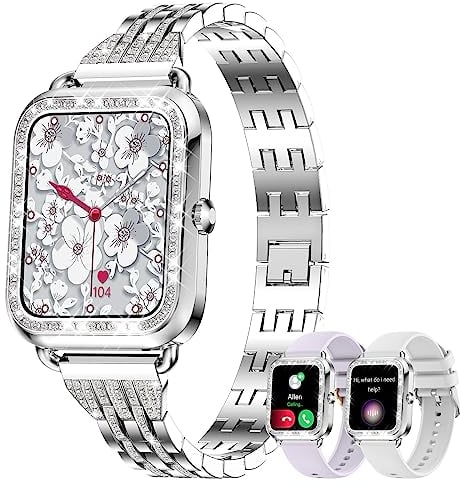 fitonyo Smartwatch Damen mit Telefonfunktion Diamant,1.29 Touch-Farbdisplay,Pulsuhr, SpO2,Schlafmonitor,Menstruationszyklus,110+ Sportmodi,Musik,Smartwatches für Damen (Diamant Silber)