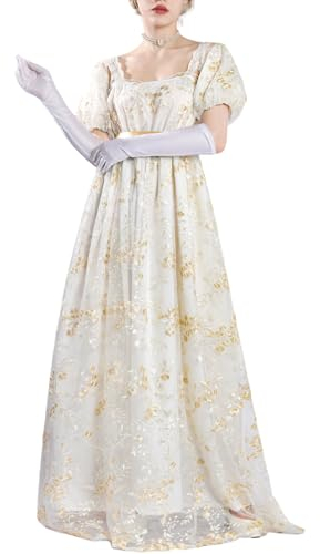 CR ROLECOS Robe victorienne Regency pour femme - Robe de bal bouffante Bridgerton avec gants, or, XXL