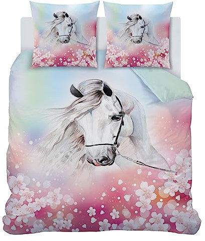 SYHIEGO Housse de Couette 240x260 Microfibre 2 Personnes Parure de Lit Rose 3D Animaux Cheval Literie Fleurs Motif avec 2 Taies d'oreiller 65 X 65cm avec Fermeture Eclair pour Adulte Fille GarçOn