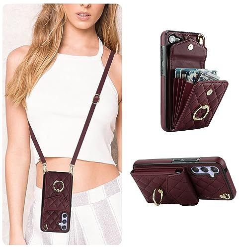 QLTYPRI Handyhülle für Samsung Galaxy A54 Hülle mit Band, Mikrofaser Leder Handykette Case mit Kartenfach Ringständer RFID Schutzhülle Lederhülle Tasche Etui für Samsung Galaxy A54 5G - Weinrot