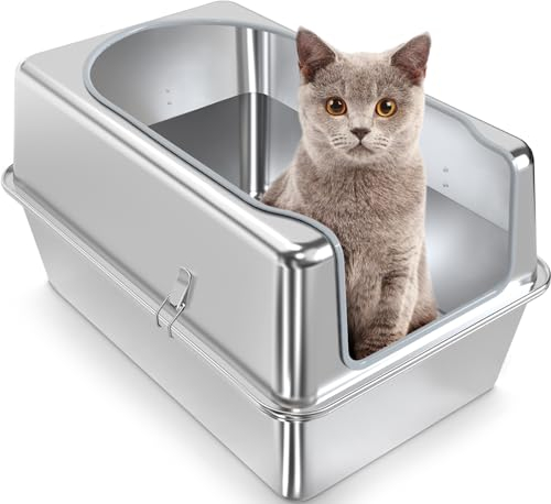 Katzentoilette aus Edelstahl – komplett aus Metall mit hoher Seite – XXL-Katzentoilette aus Edelstahl für große Katzen und mehrere Katzen, robust, leicht zu reinigen, geruchsfrei