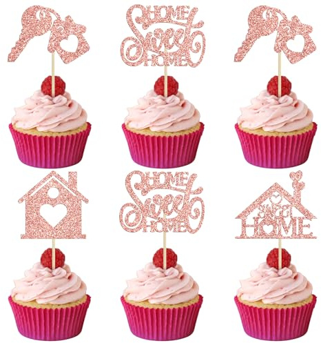 24Pcs Sweet Home Cupcake Toppers Rose Gold Glitter Welcome Home Cupcake Picks Key Lock Housewarming Cupcake Toppers New Home Theme Party Cake Decorations Supplies