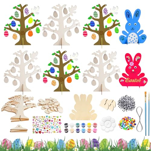 Shinybox Ornamenti Pasquali in Legno, 117 Pezzi Decorazioni per Uova di Pasqua, Ornamenti di Coniglio in Legno, Pendente Pasquale in Legno, Ornamenti in Legno di Uova, Pasqua Primavera Regalo Craft