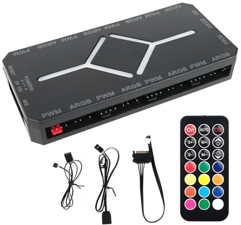 PWM - Hub ventola per PC ARGB indirizzabile da 5 V, ventola PWM da 1 a 8 porte, splitter con alimentatore SATA, nero