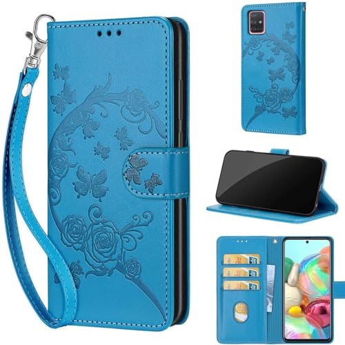 KENHONER Phone Case for Samsung Galaxy A71, Flowers and Butterflies - Blue | Shockproof Flip Wallet, Card Slots, Kickstand, PU Leather, Wrist Strap Lanyard